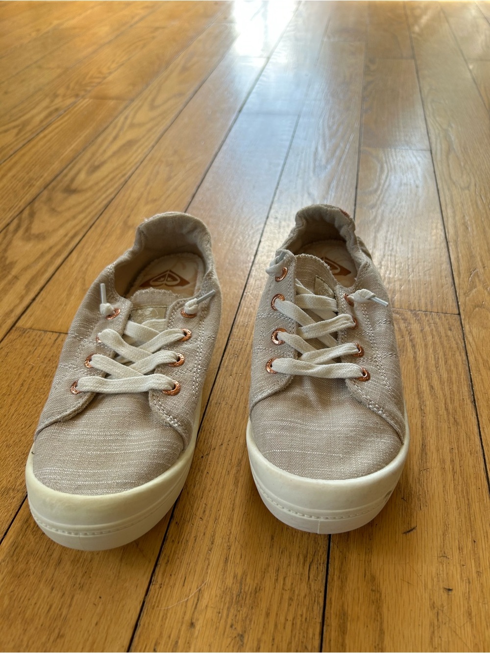 Roxy Women's Beige Canvas Sneakers with Rose Gold Eyelets